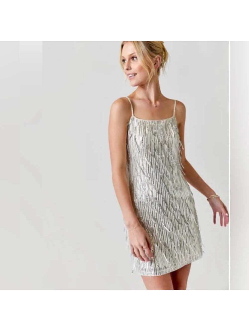 Francesca's Blue Rain Women's S Sequin Fringe Slip Dress with Spaghetti Straps
